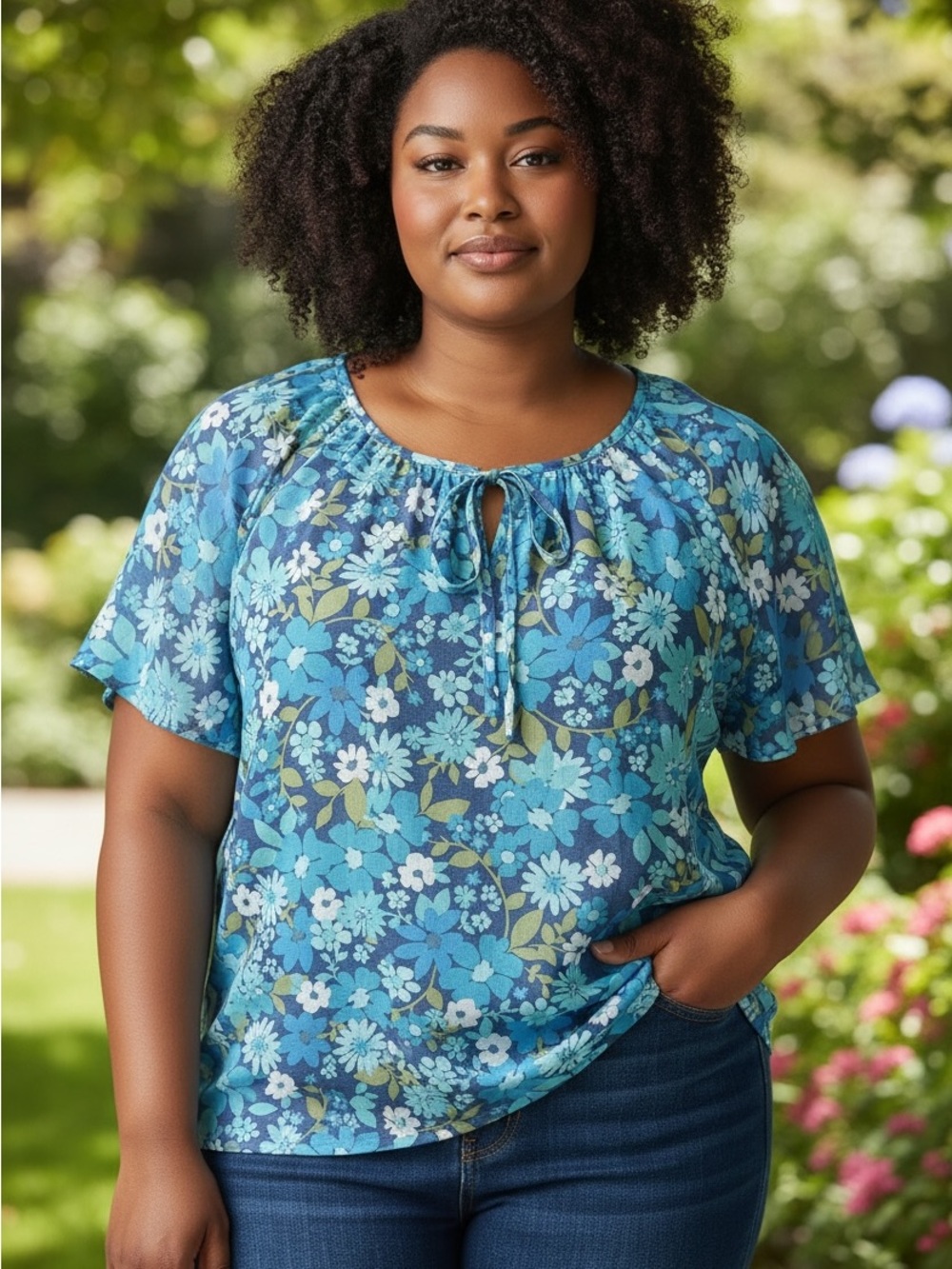 COMO BLU Blue Floral Short-Sleeve Peasant Top size xl